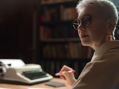 An older woman with glasses writes at a desk beside a vintage typewriter.